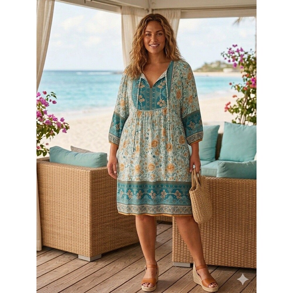 Bluetime Boho Floral Mini Dress 3X Plus Teal Orange Viscose Tunic 24" P2P